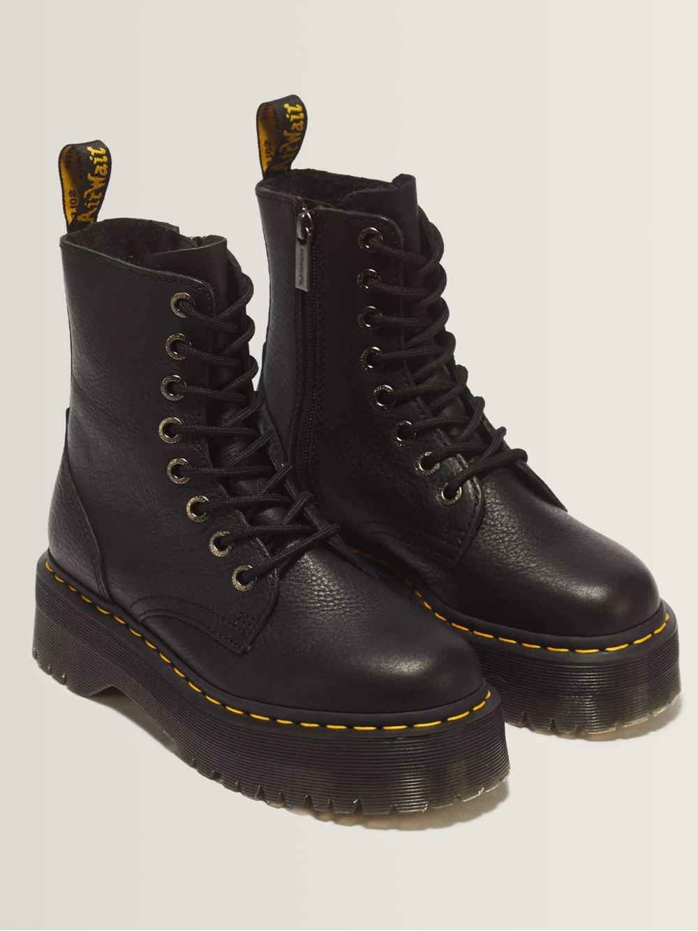 Dr. Martens Black Leather Combat Boots with Yellow Stitching